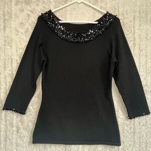 Intuitions Black Silk Rhinestone Embellished Neckline Sweater Sz M Sparkly Whims